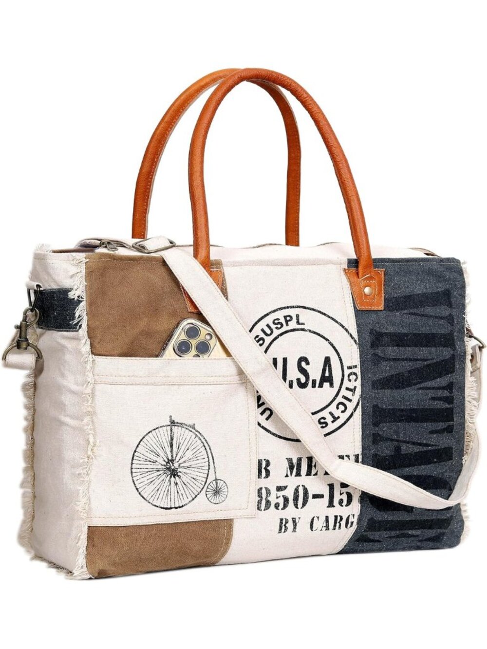 Vintage Patchwork Canvas Tote Bag with Leather Handles & Shoulder Strap - Large